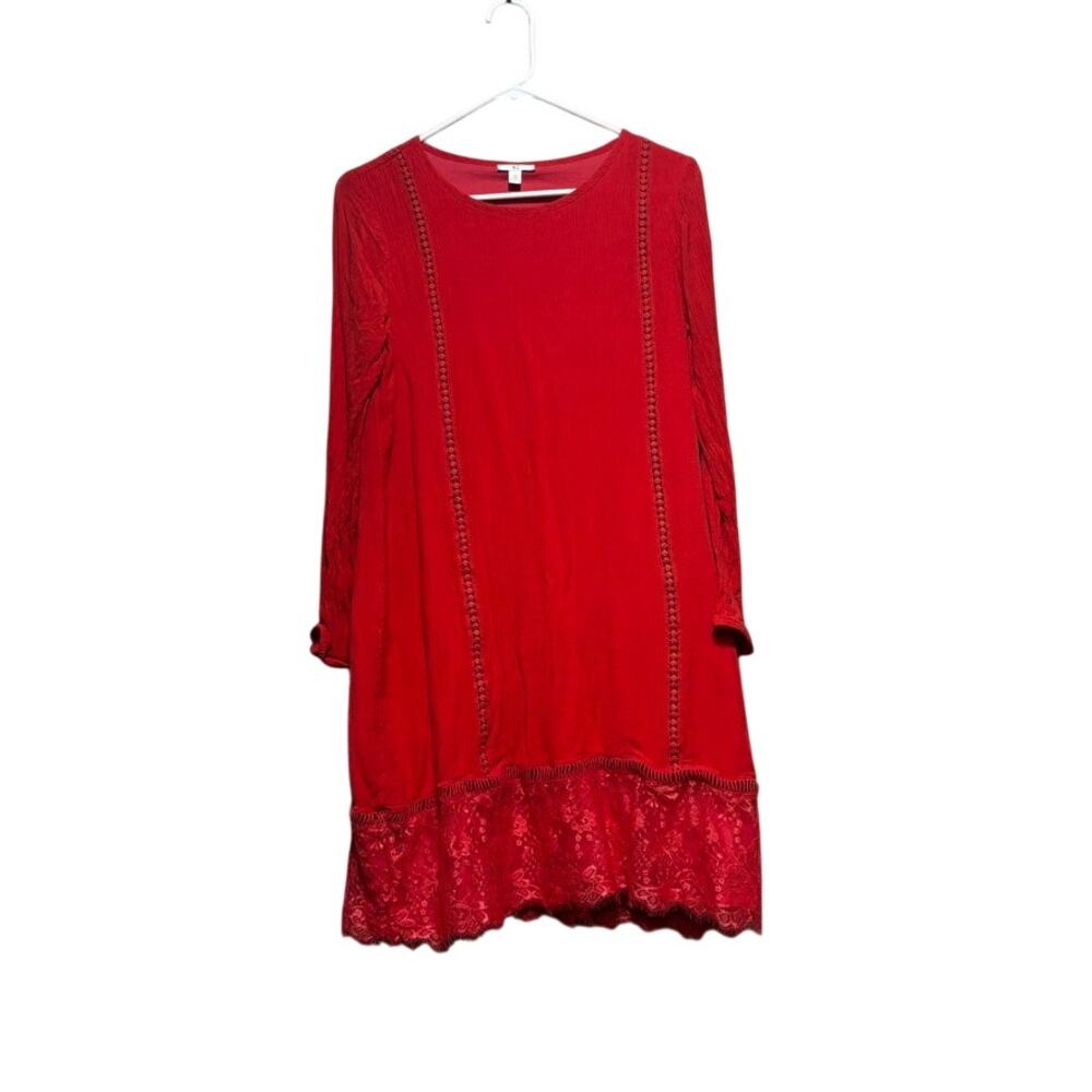CHARLIE Womens Red Lace Trim Shift Dress Size Medium Long Sleeve Boho Tunic
